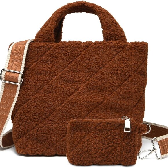Sherpa Tote Bag Fuzzy Plush Crossbody Purse Women Winter Handbag - Picture 1 of 8